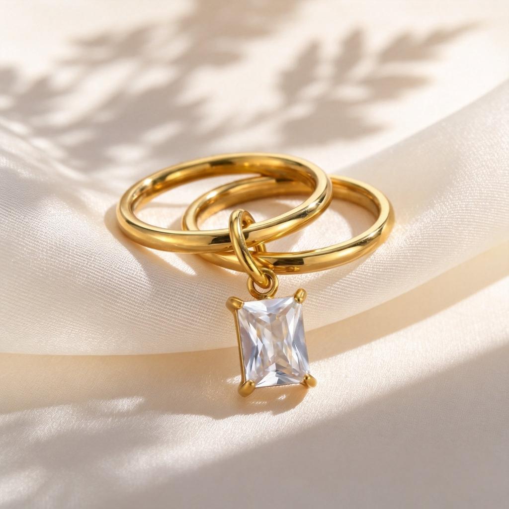 Women's Delicate Shiny Cubic Zirconia Ring, Double Layer High Quality Stainless Steel Ring, 18K Gold Plated Fashion Jewelry