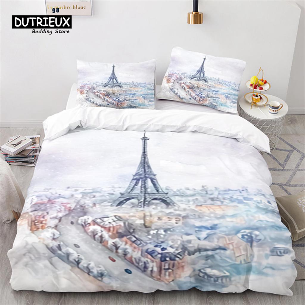 Eiffel Tower Duvet Cover Microfiber Paris Cityscape In The Clouds Bedding Set King Size For Kids Adults Romantic Comforter Cover