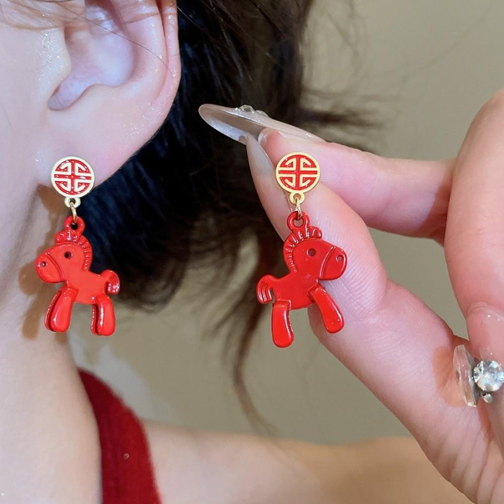 Zinc Zinc Alloy Chinese Horse Stud Earrings Fu Character Red Drop Earrings Chinese Style Pony Earrings Girls