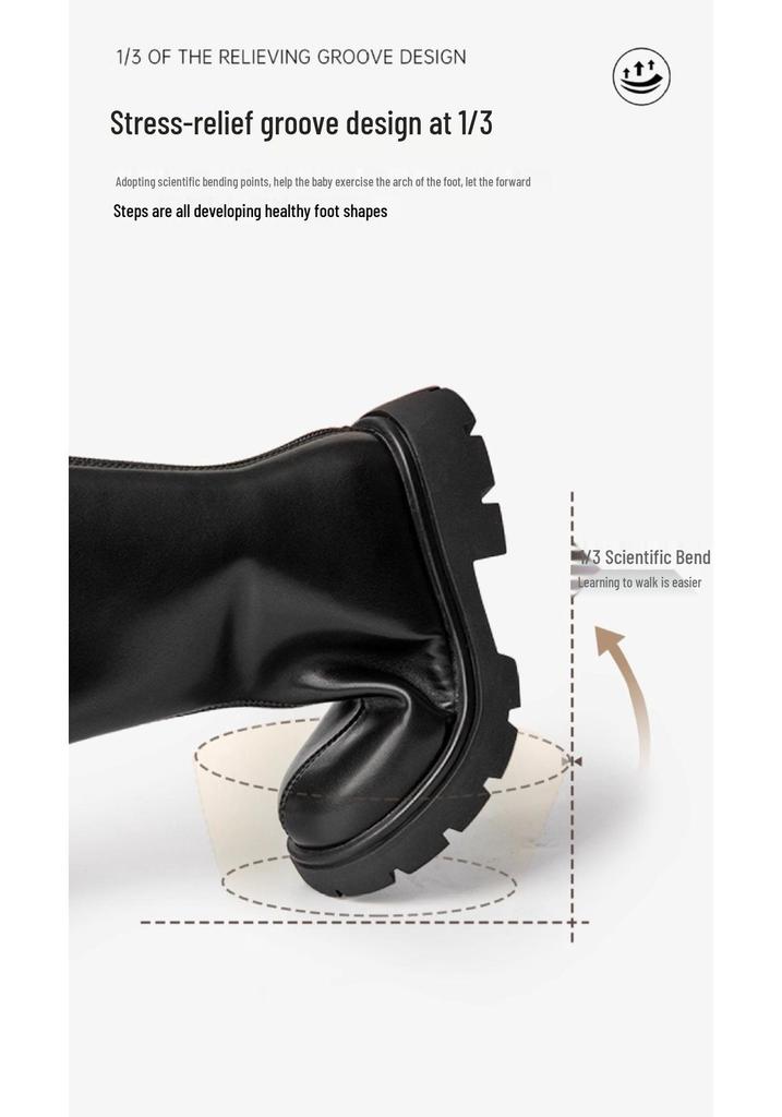 Girls' Knee-High Leather Boots: 2026 Autumn/Winter, High-Top, Plus Velvet.