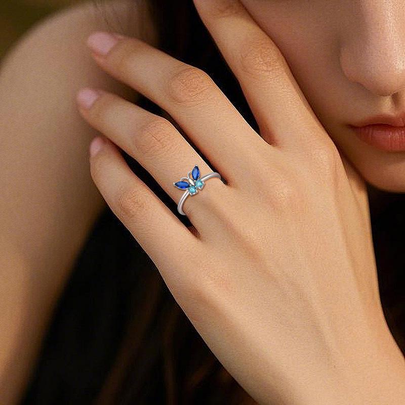 S925 Sterling Silver Blue Butterfly Zircon Ring – Women's Japanese Korean Style, Simple, Unique Finger Accessory