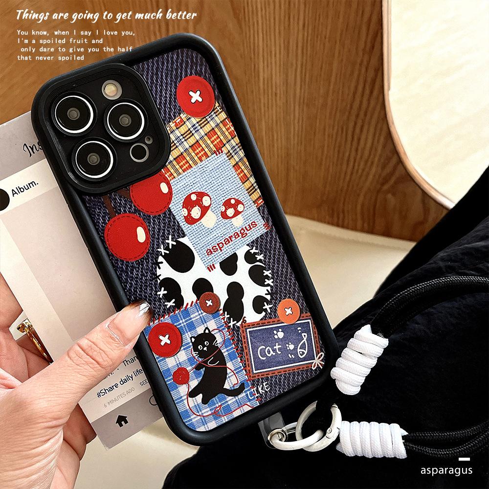 Denim Cat Splicing Suitable for Iphone16Promax Mobile Phone Case Apple 15 Couple with Lanyard Full Cover Shell