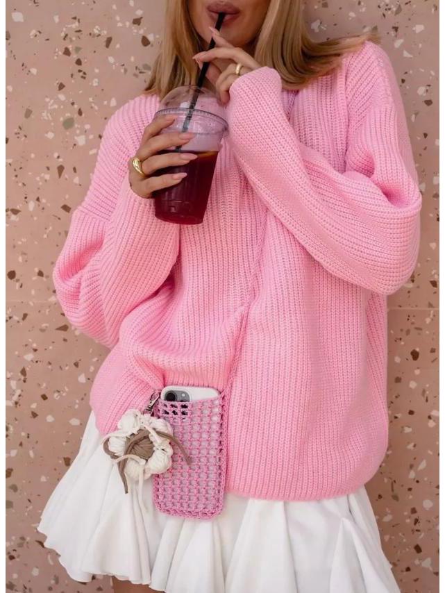 

Женский свитер крупной вязки свободного кроя на осень/зиму 2024 - с круглым вырезом, рукавами полной длины в стиле кардигана, европейская/американская мода Large розовый