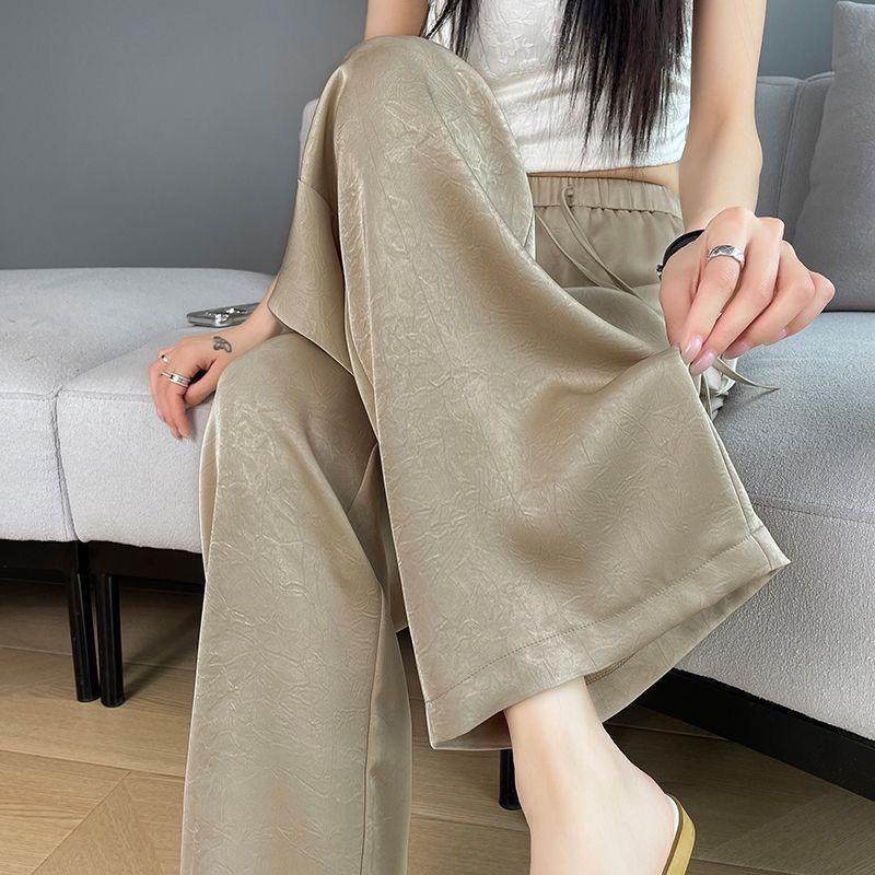 Women's High Waist Ice Silk Wide Leg Pants - Summer Sun Protection, Acetate Satin, Jacquard Design