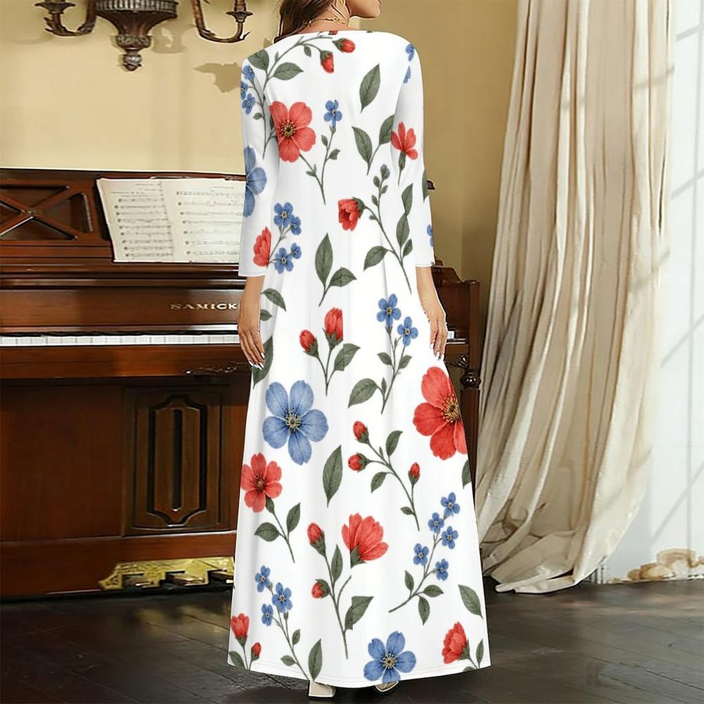 Women Plus Size V Neck Three Quarter Sleeve Floral Printed Long Maxi Dress