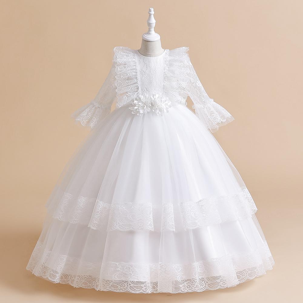 Flauschige Mädchen-Partykleider, weiße Spitze, Schleife, Bridemaid, Hochzeit, Prinzessin, Kinderkleid für Mädchen, halbe Ärmel, Geburtstagskleid, Kostüm