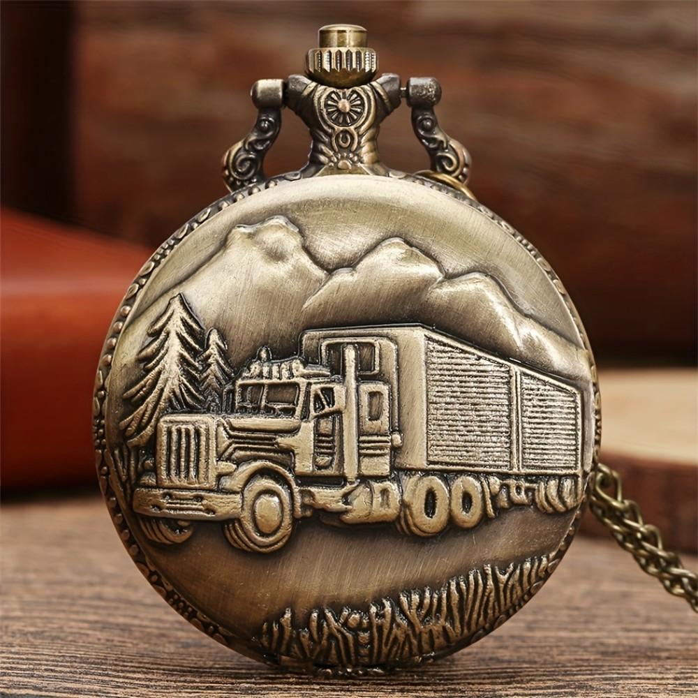 

Vintage Classic Steampunk Bronze Truck Pattern Pendant Necklace Chain Clock Quartz Pocket Watch Exquisite Gift For Men and Kids бронзовий