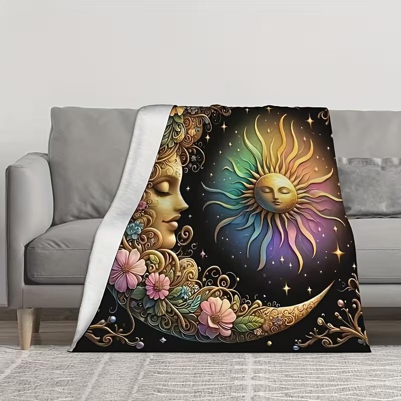Bohemian Sun and Moon Flannel Throw Blanket Dreamy Starry Harmony Floral All-Season Bed Travel or Office Sofa Throw Blanket 75cmx90cm