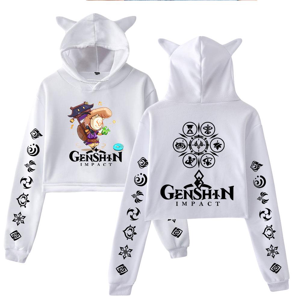 

Уличная одежда для женщин, сексуальные укороченные толстовки с принтом аниме Genshin Impact, свободные свитера Harajuku, весенние корейские повседневные топы XS белый