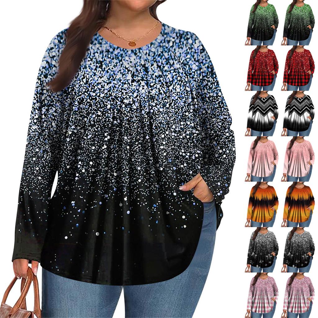 Women's Plus Size Fashion  Printed Casual Pleated Round Neck Long Sleeve Top