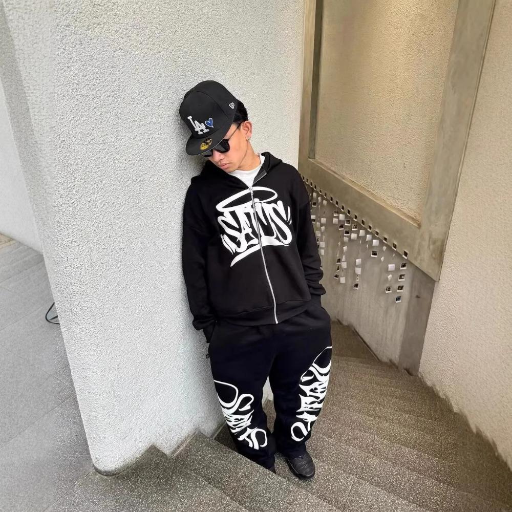 Europäischer und Amerikanischer Herren Herbst und Winter Neuer Stil Amerikanische Modemarke Bedruckte Reißverschluss Sweatshirt Jacke Hip-Hop Ins Stil Set