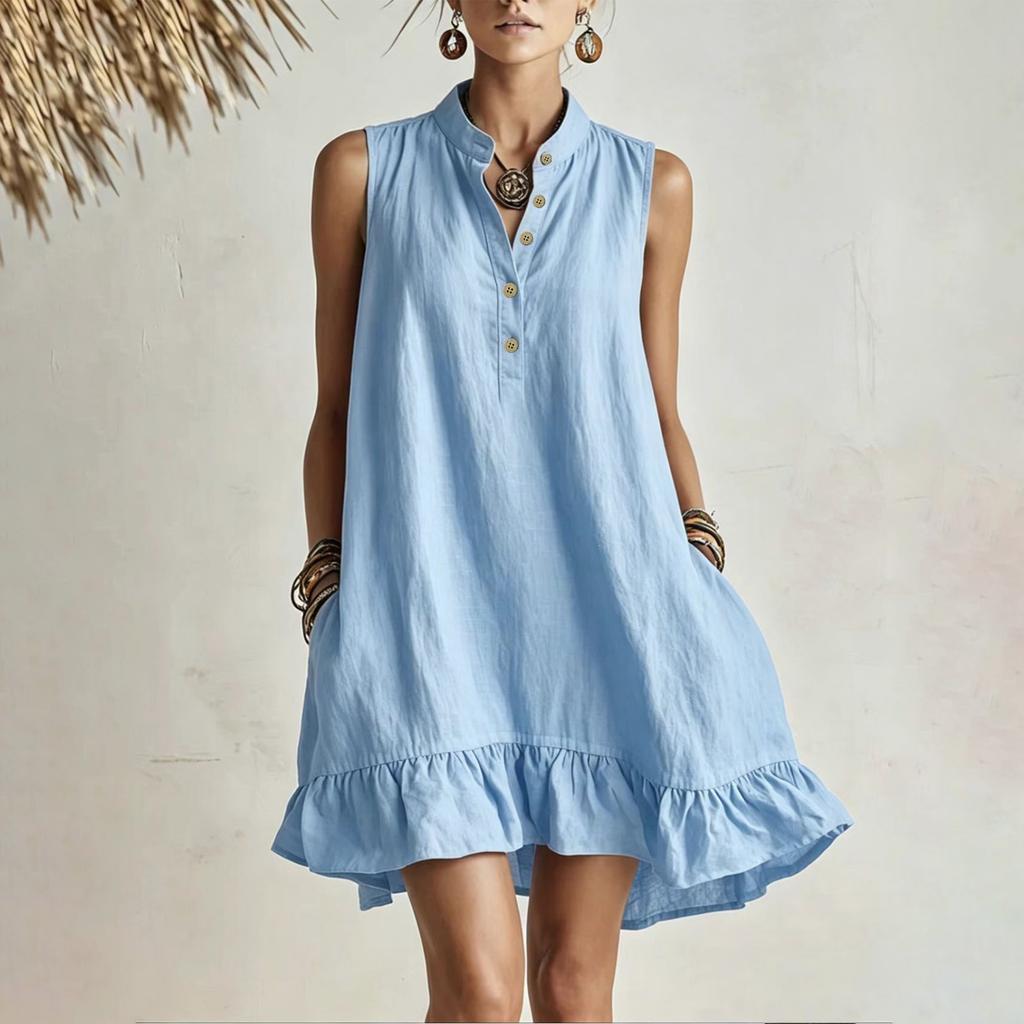 Women Sleeveless Linen Cotton Dress Loose Fit Casual Summer Dress Button Front Ruffle Hem Lightweight Breathable Tunic Dress