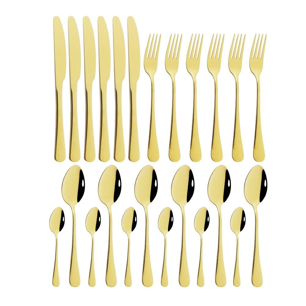 24Pcs/set Stainless Steel Dinner Black Gold Dinnerware Set Knife Fork Coffee Spoon Cutlery Set Kitchen Tableware Silverware Sets