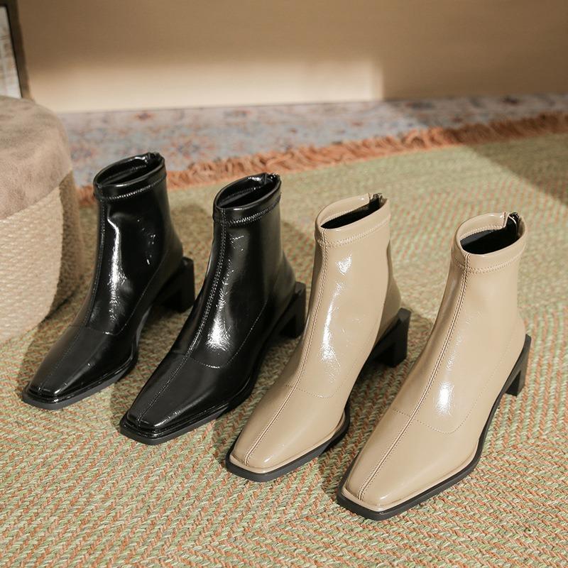 H376-1 autumn and winter new niche black short boots small square head high heel thin women's shoes short tube rear zipper fashion boots