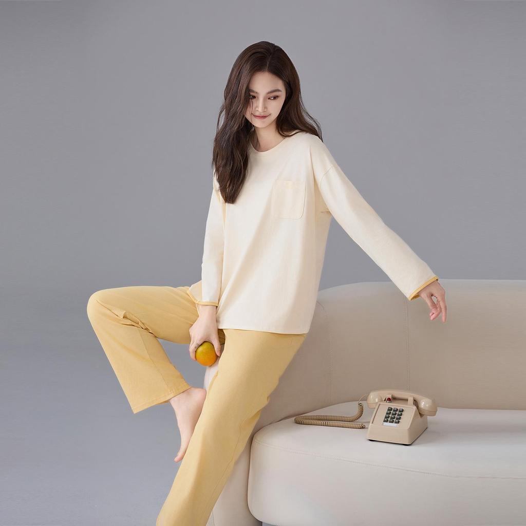 Women's Pure Cotton Pajamas with Chest Pad - Long Sleeve, Plus Size, for Autumn/Winter. Wearable Outdoors, Loose Fit Homewear.