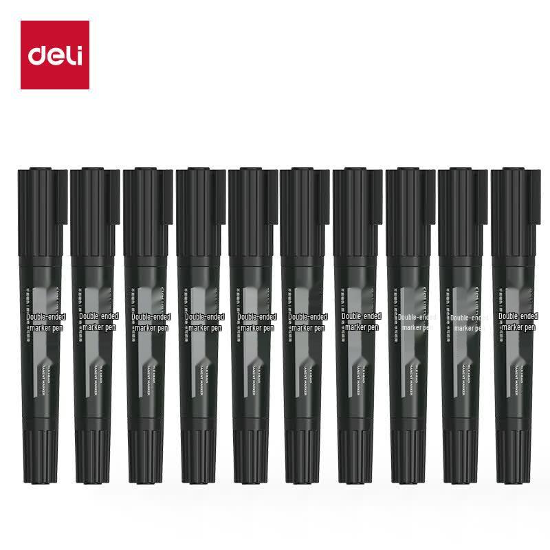 Deli S555 Double-Tip Marker Pen (Black, 10+2 Pack)