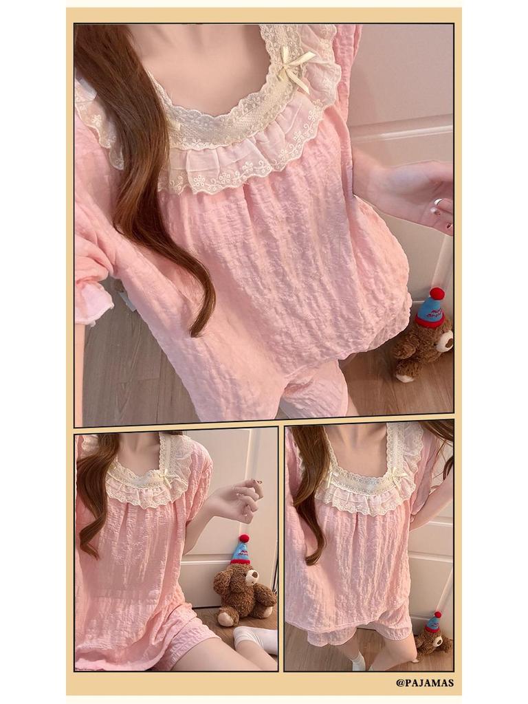 2026 Summer Women's Cotton Pajama Set with Built-in Bra, Lace Trim & Short Sleeves