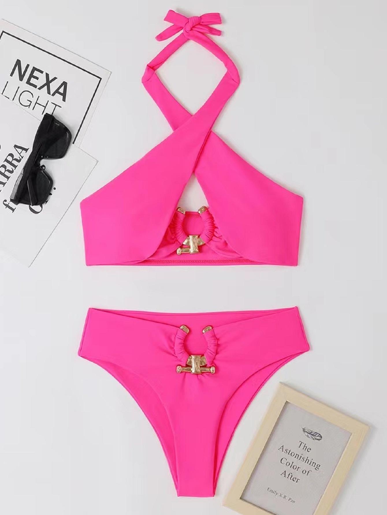 

Европейская и американская мода новый раздельный треугольный бикини с перекрестными бретелями на шее дизайн ювелирных изделий трендовый купальник M розы красного