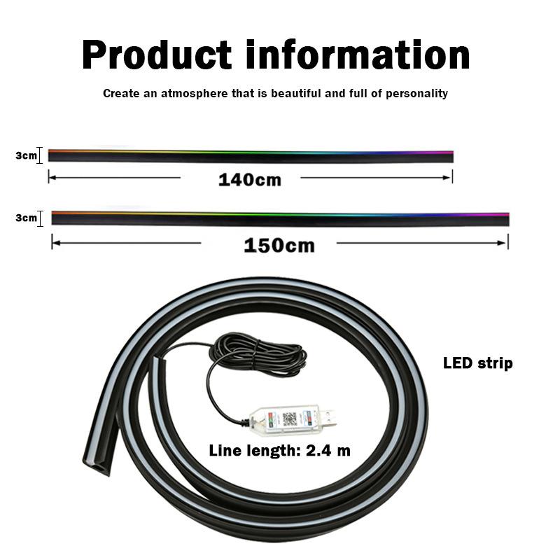 Automotive decoration light strip, colorful acrylic front windshield soundproofing strip, ambience light, no wiring, App control