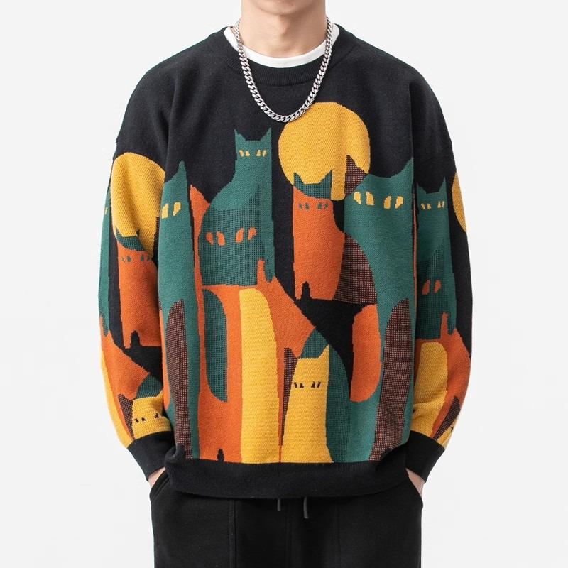 2025 American-Japanese Trendy Cat Pattern Round Neck Men's Sweater - Autumn Loose Fit Knitwear
