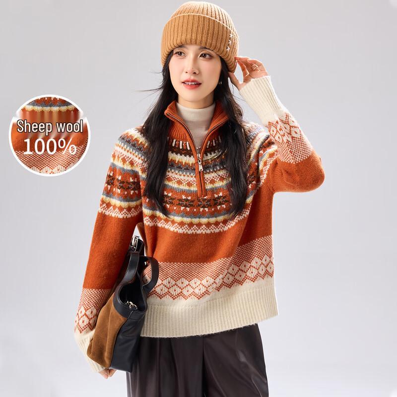 Women's 100% Merino Wool Thick Fair Isle Half-Zip Sweater