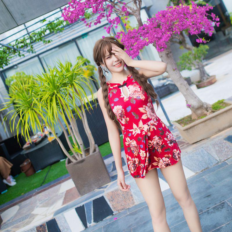 Summer hot swimsuit retro jacquard improved cheongsam dress swimsuit summer French waist skirt warm M красный