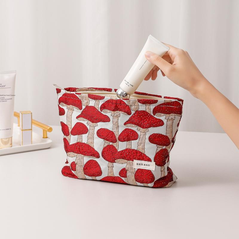Retro Artistic Mushroom Jacquard Fabric Makeup Bag, Women'S Clutch Bag, Zippered Square Bag, Toiletry Bag