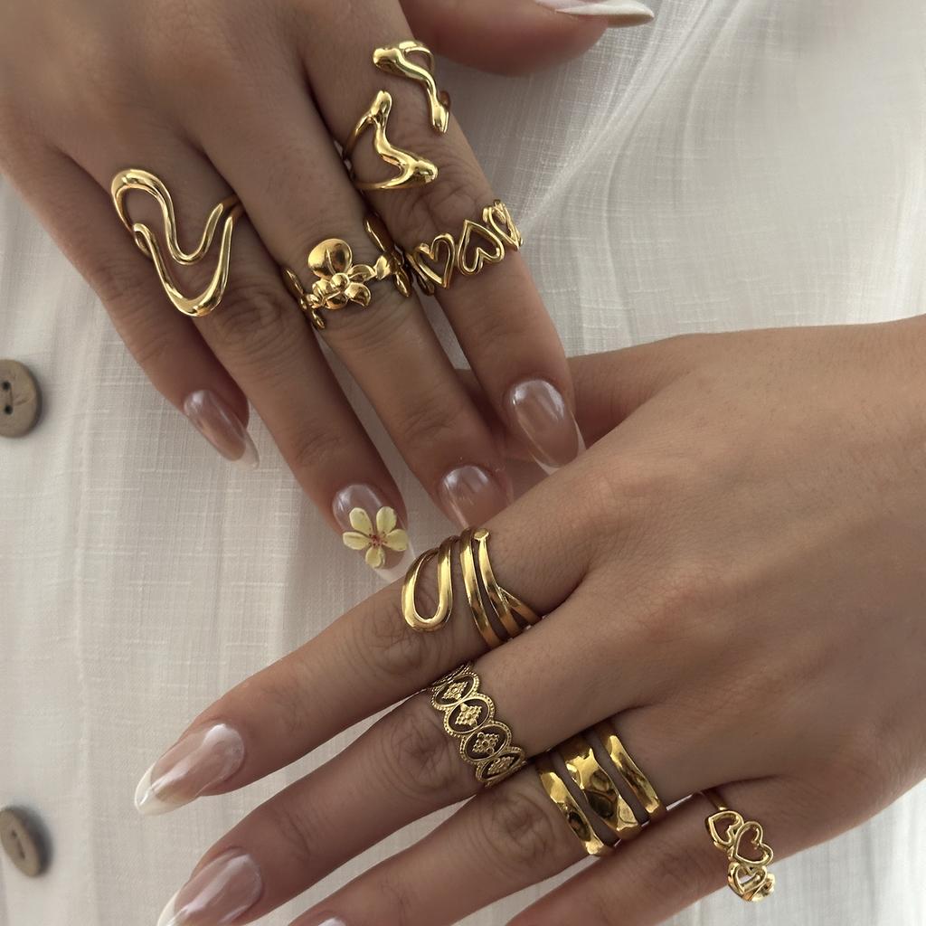 Stainless Steel Gold Color Love Heart Ring Set For Women Hollow Flower Geometric Finger Rings Party Vacation Waterproof Jewelry