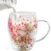 Elegant Full Sky Star Double Layer Glass Cup with Handle 350ml Dried Flowers Glass Mugs Heat Resistant  Coffee Mug Flower Cup