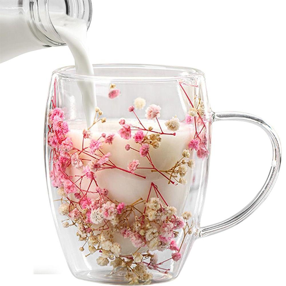 Elegant Full Sky Star Double Layer Glass Cup with Handle 350ml Dried Flowers Glass Mugs Heat Resistant Coffee Mug Flower Cup
