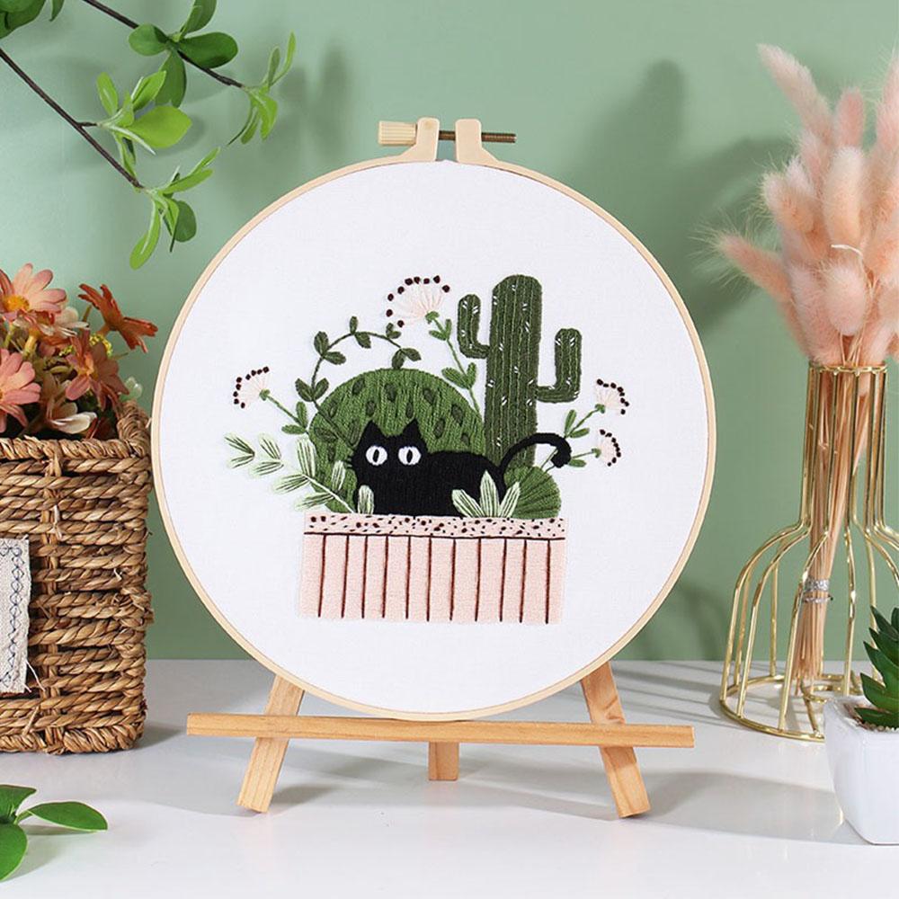 DIY Embroidery Needlework Kit Tool For Beginners Home Sewing Handcraft Embroidered Set Dynamic Black Cat Pattern Wall Decoration