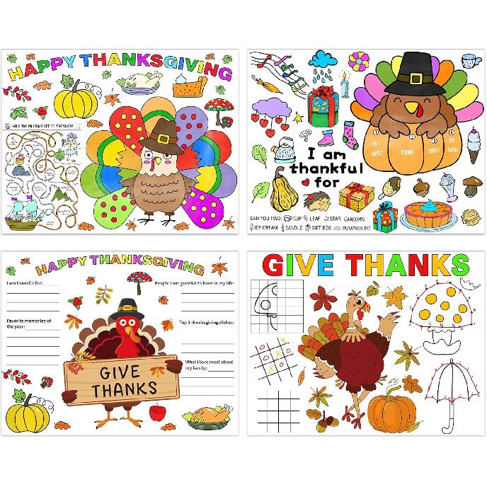 Thanksgiving Coloring Placemats 16PCS 14''x11'' Fall Thanksgiving Placemats for Kids to Color Thanks Giving Paper Table Mats Disposable Place Mats