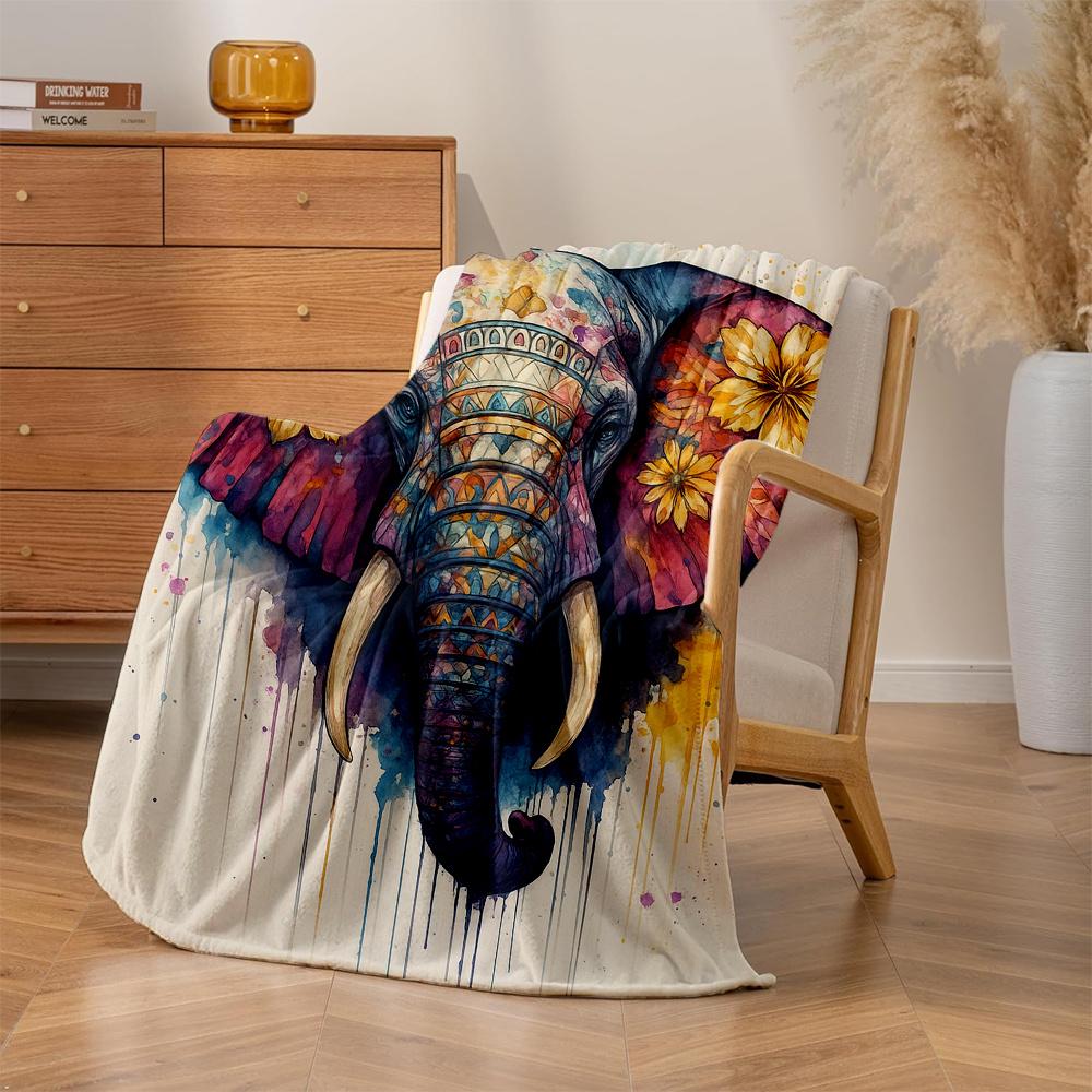 1Pc Indian Mandala Elephant Quilted Fleece Blanket - Plush Thick Warm All-Season Bedspread With Turquoise Blue, Pink, Yellow,