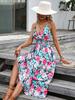 2023 Summer Bestseller: Women's V-neck Spaghetti Strap Print Dress - European & American Style, Waist-Cinching Design
