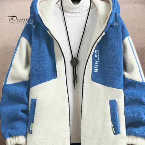 Men Spliced Hood Jacket Fall Winter Colorblock Hooded Zipper Closure Cardigan Thick Plush Polar Fleece Letter Decor Warm Long Sleeve Pockets