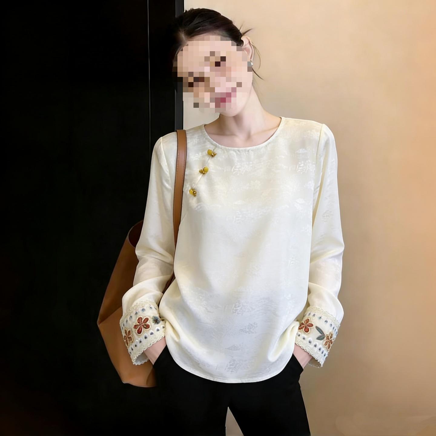 Women s Embroidered Jacquard Shirt - Retro Long Sleeve Top for Spring/Autumn L 105-115 kg абрикосовый