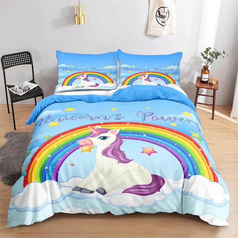 Kawaii Einhorn Buntes leuchtendes Einhorn-Kinderbettwäscheset für Mädchen Rosa Deluxe Bettbezug Bettwäscheset King Queen Bettbezug