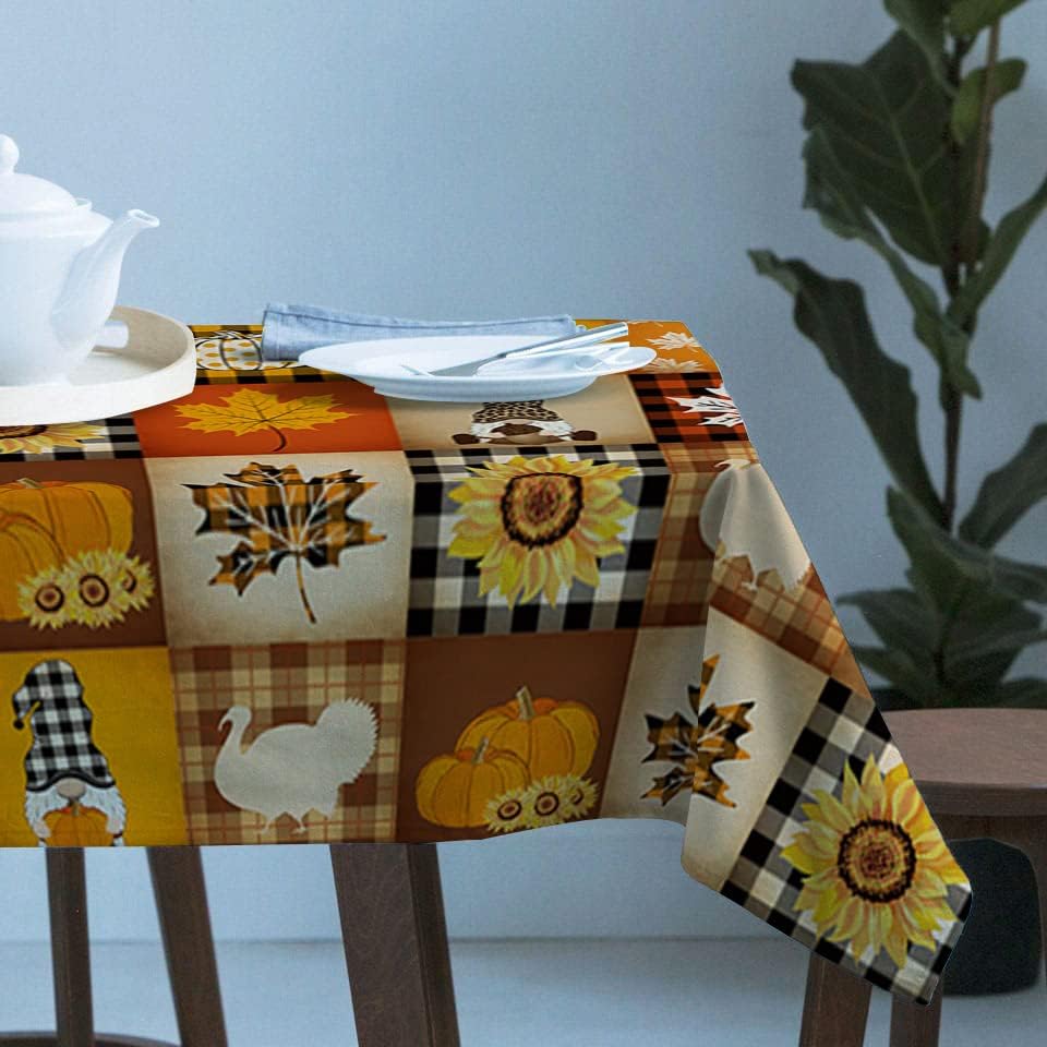 Fall Pumpkin Turkey Maple Leaf Gnome Waterproof Tablecloth Table Decor Washable Kitchen Dining Tablecloth Holiday Party Decor