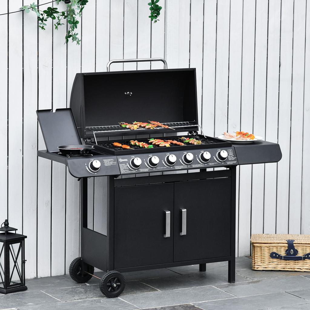 Gas Grill with 7 Burners, Incl. Thermometer, BBQ Grill, Mobile Grill, Black