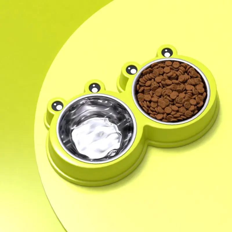 Cartoon Frog Shaped Stainless Steel Pet Double Bowl Anti Spill Dual-Use Bowl Cat And Dog Universal Feeder