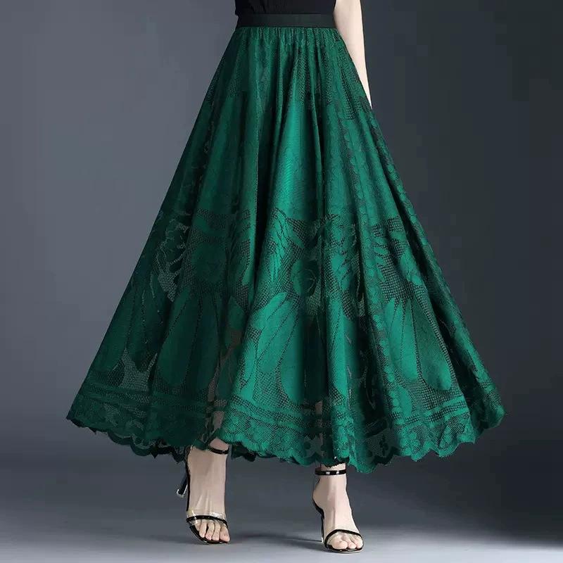 Lace Large Flower Umbrella Skirt for Spring and Summer, High Waist, Slimming and Big Swing, A-line Mesh Skirt, Mid Length Skirt, Women's Skirt