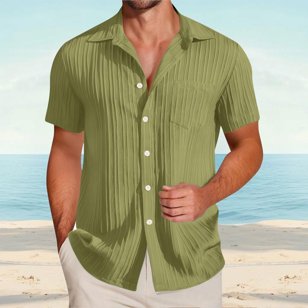 Men's Textured Casual Short-sleeved Shirt, Solid-color Loose Top With Pocket