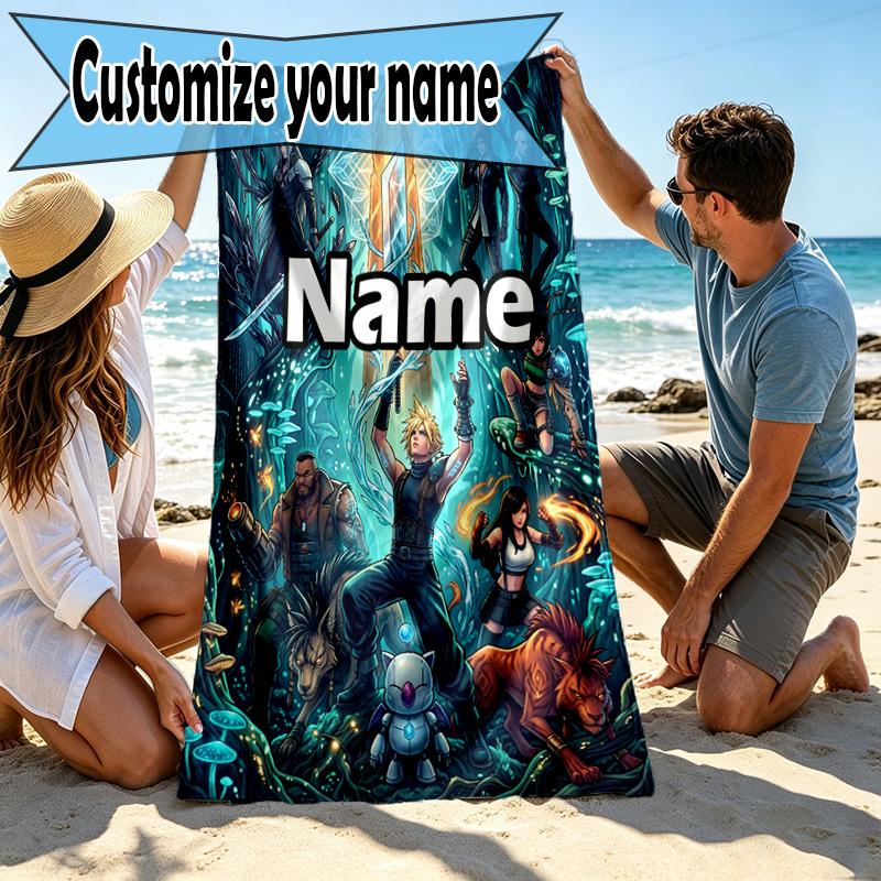 Custom Name Personalized Final Fantasy Print Beach Towel, for Trip Camping Beach Party Home Decor, Birthday Gift for Family & Friends