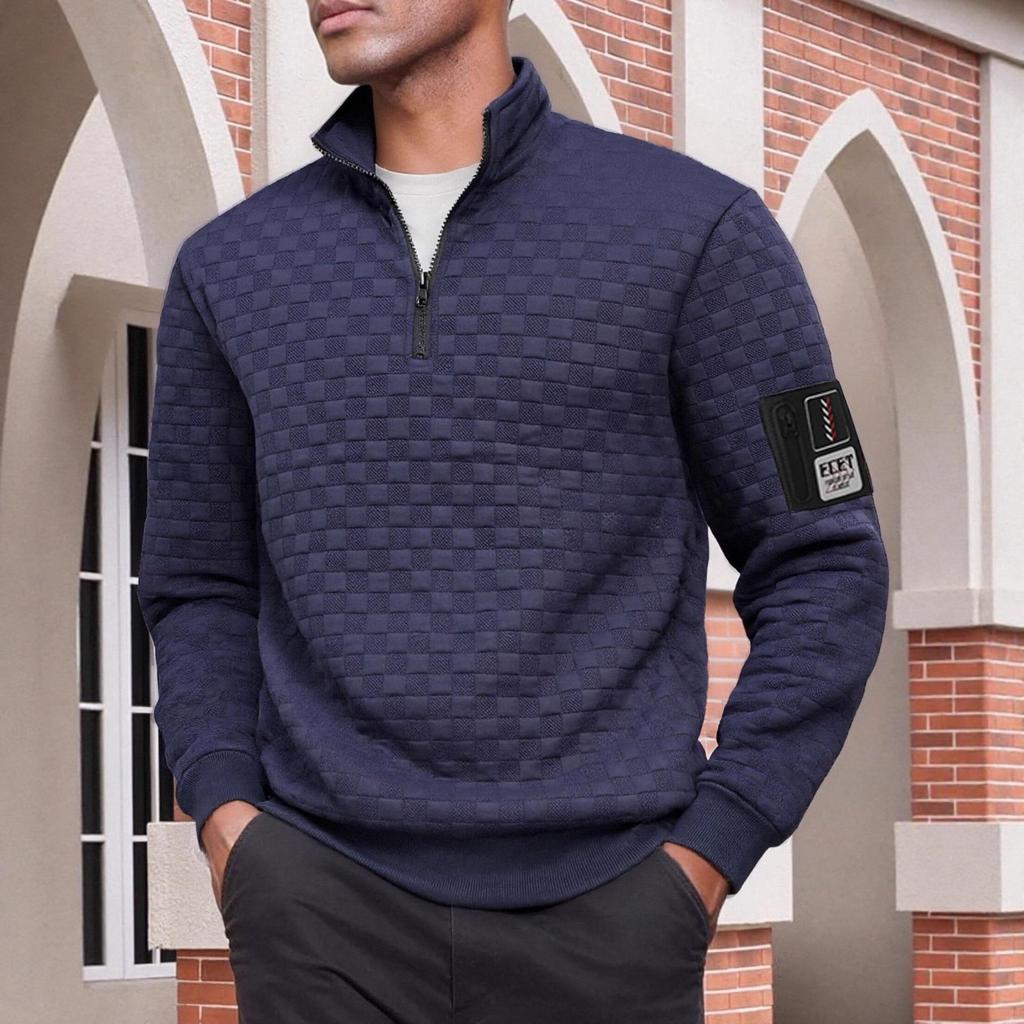 Men's Fleece Half-Zip Plaid Stand Collar Pullover Hoodie Jacket