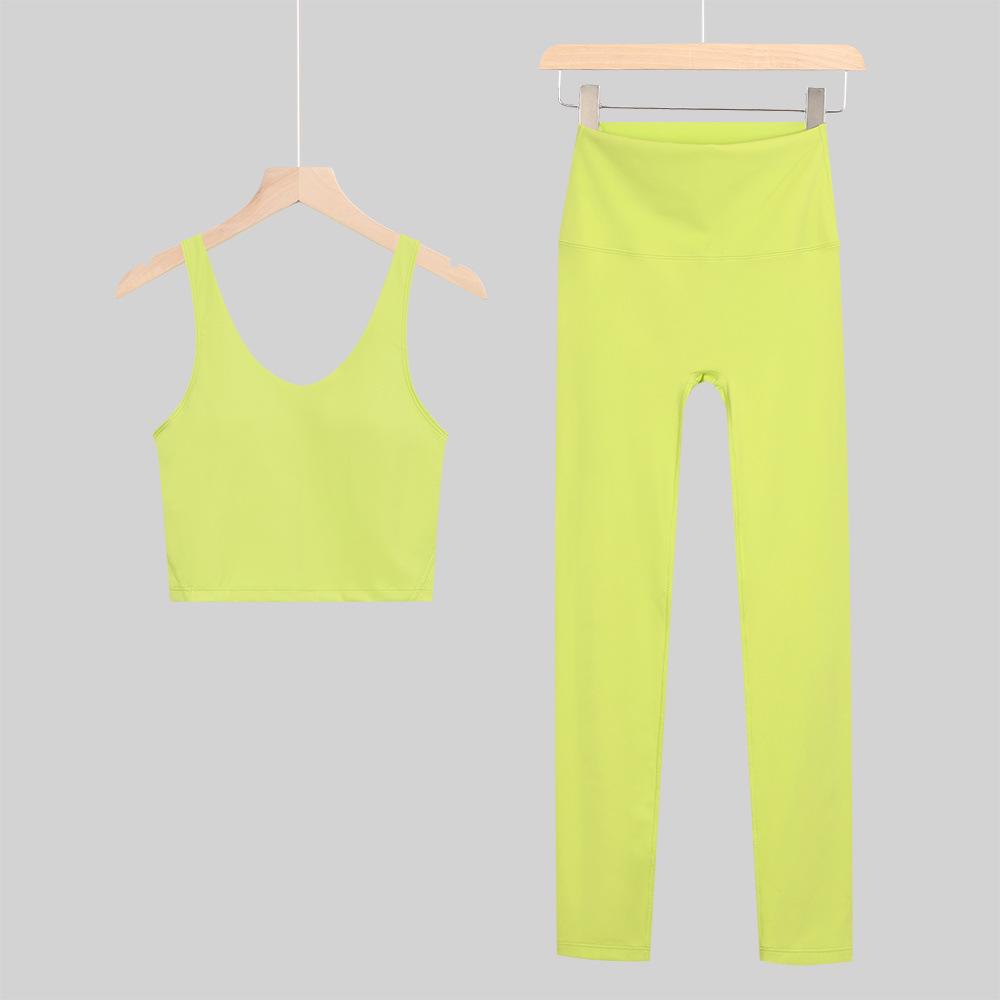Lulu U-Back Sports Tank & 9-Point Yoga Pants Set with Bare-Feel Push-Up Bra for Women's Fitness