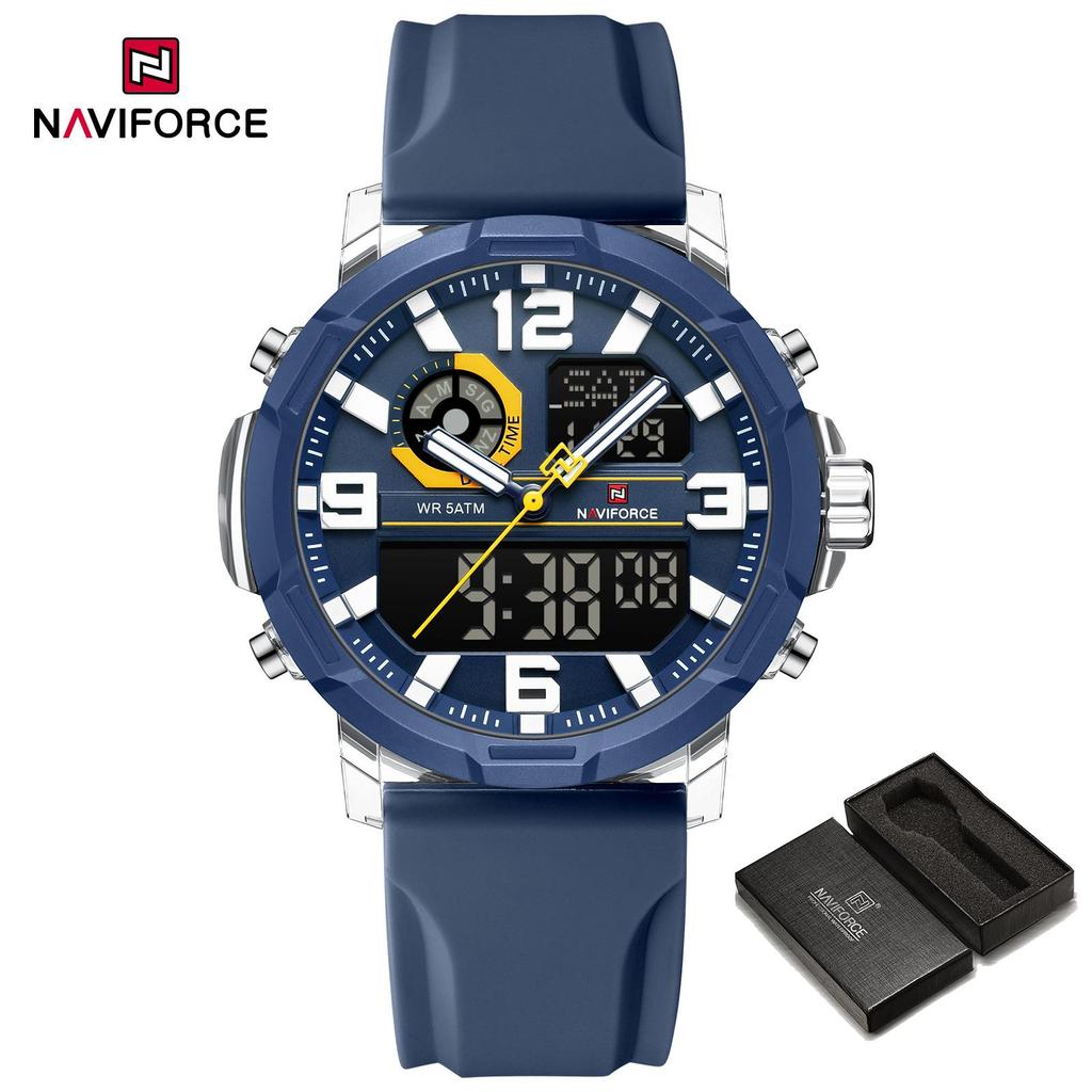 NAVIFORCE Original Men Dual Time Watch Quartz Movement LCD Digital Silicone Strap Waterproof Calendar Date Night Pattern Men Watch NF7130