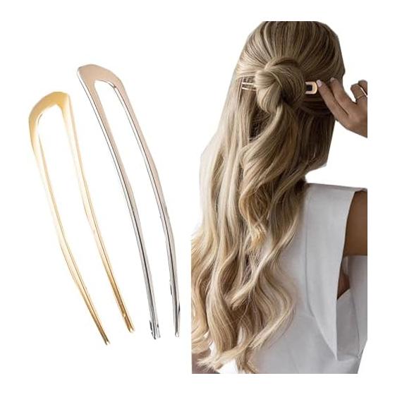 LUYINGU U-Shaped Hairpins U-Pin Hair Accessories for Women, Bridal, Kimono, Wedding, Coming of Age Ceremony - 2 Pieces, Gold/Silver
