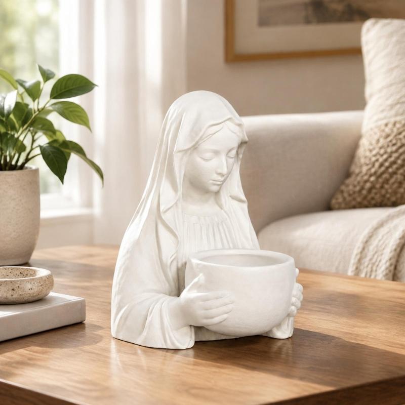 Catholic Our Lady Sculpture Holy Mother Statue Rosary Holder with Textured Drapery and Integrated Form for Interior Study or Display Cabinet Styling