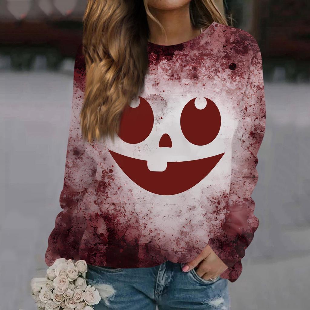Tops für Damen, Damen, Casual Fashion, Halloween-Print, Langarm, Rundhalsausschnitt, Pullover, Top, Bluse, Ropa De Mujer, Kleidung