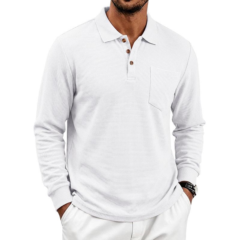 Men S Waffle Knit Long Sleeve Polo Shirt Casual Autumn